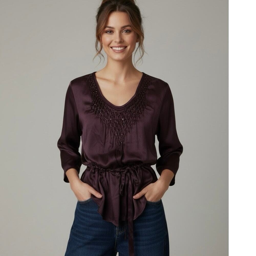 Rebecca Taylor Beaded Smocked V-Neck Silk Blend Blouse Plum Eggplant Size 2